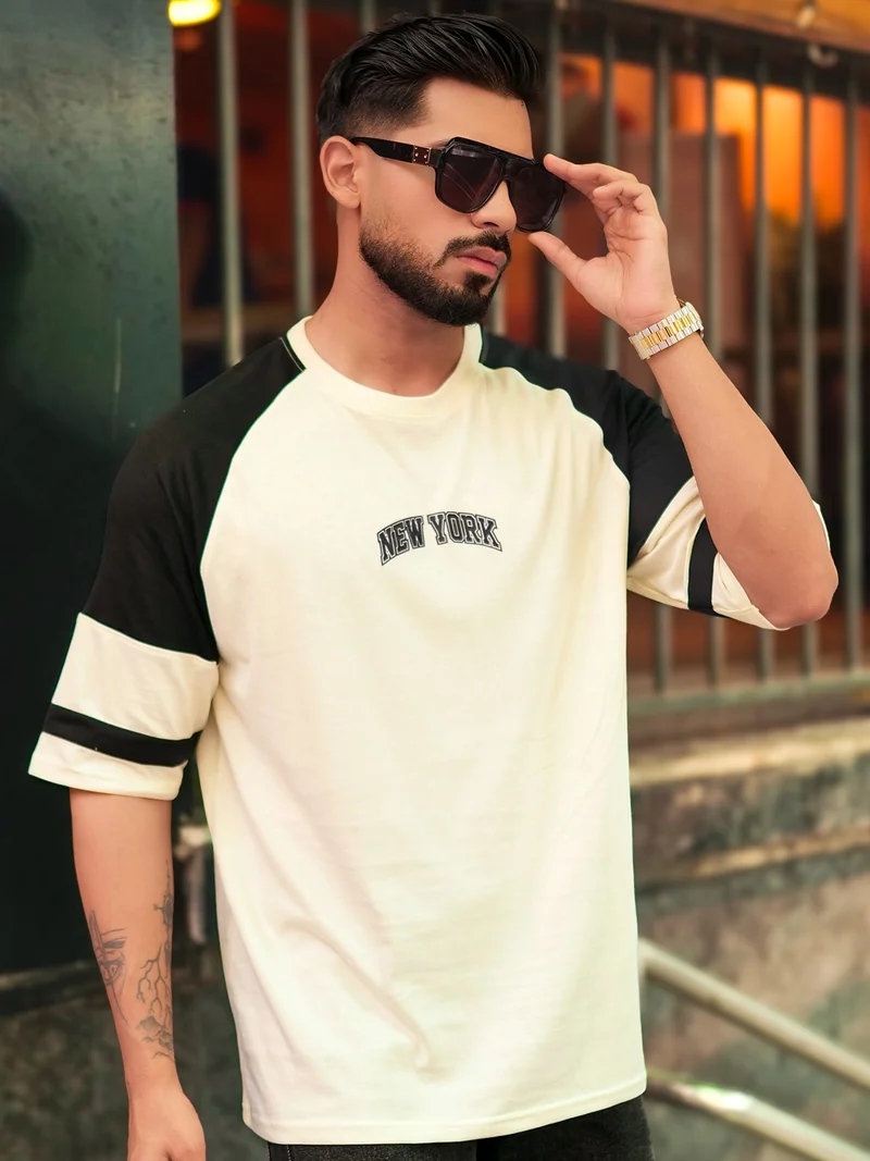 Maniac  Maniac Mens AOP Inksplatter Printed Round Neck Half Sleeve White and Grey Cotton Tshirt for Men | Best Price UAE